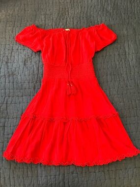 American Eagle Outfitters Red Off-Shoulder Smock Waist Mini Dress - Size Small